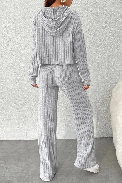 Gray Ribbed Knit Slouchy Hoodie Wide Leg Pants Set - Chic Meadow Boutique 