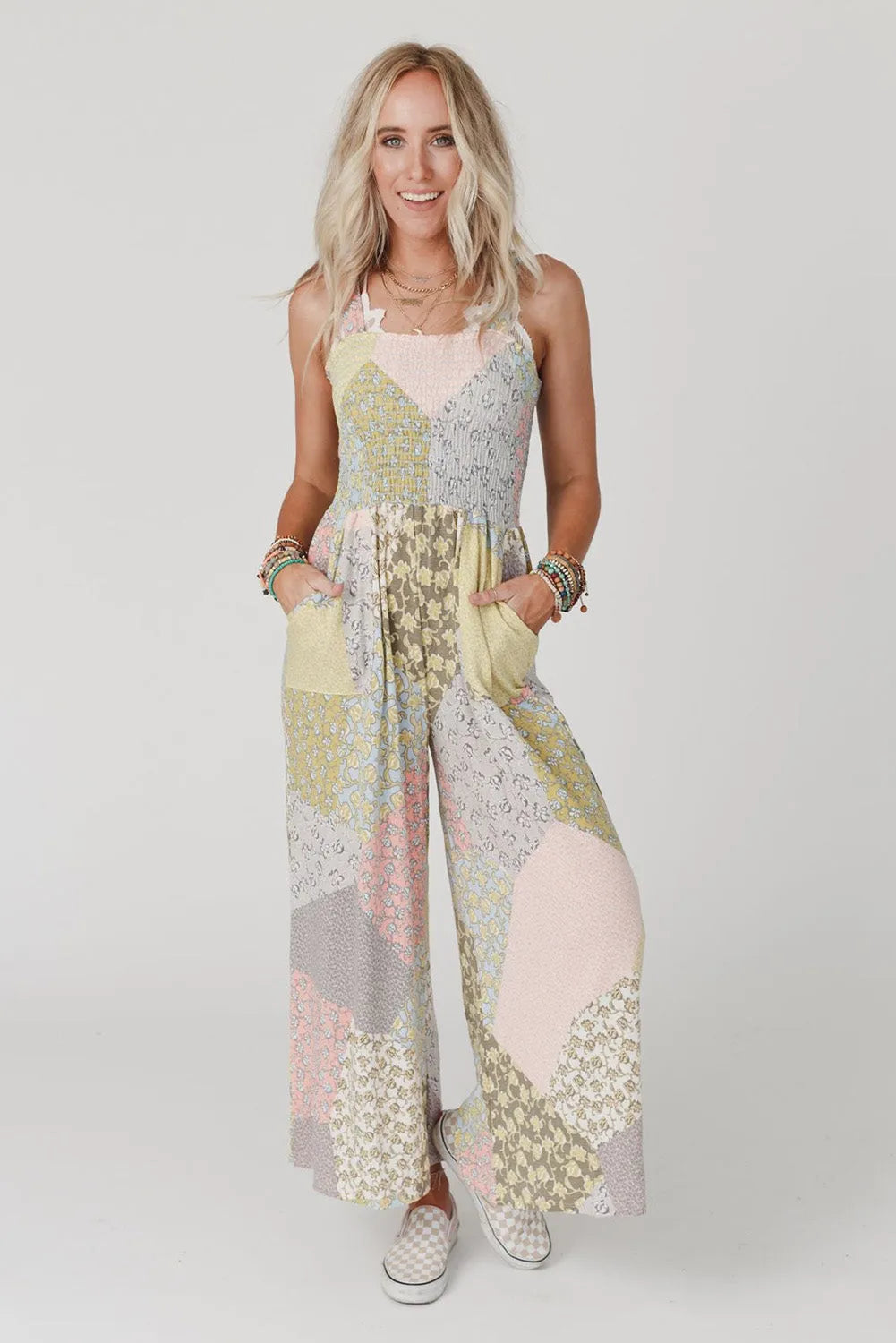 Multicolor Irregular Patchwork Print Smocked Wide Leg Jumpsuit - Chic Meadow Boutique 