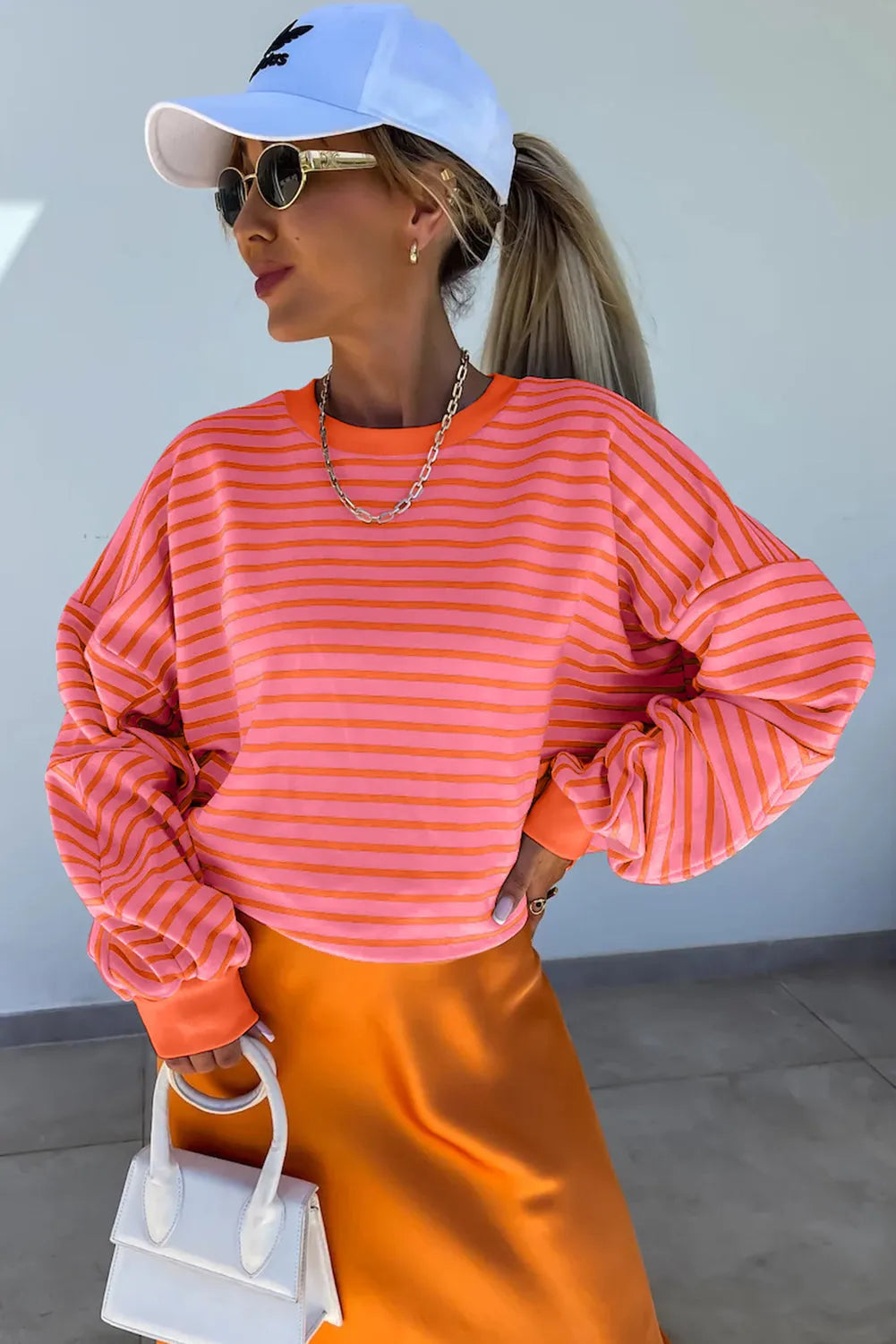 Russet Orange Drop Shoulder Crew Neck Loose Sweatshirt - Chic Meadow Boutique 