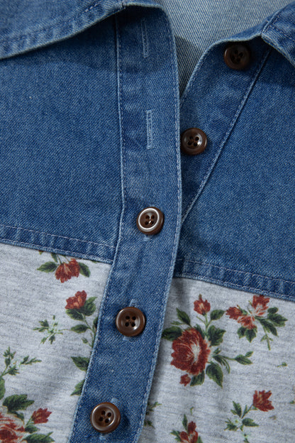 Gray Retro Floral Print Denim Patchwork Plus Size Polo Tee