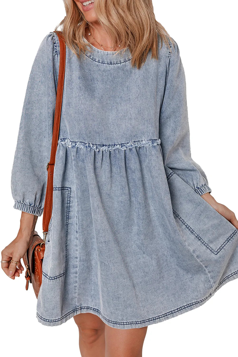 Beau Blue Light Wash High Waist Loose Fit Denim Mini Dress - Chic Meadow Boutique 