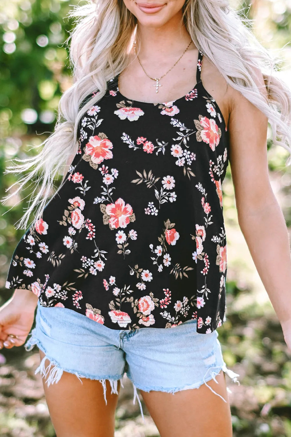 Black Floral Spaghetti Straps Strappy Back Tank Top - Chic Meadow Boutique 