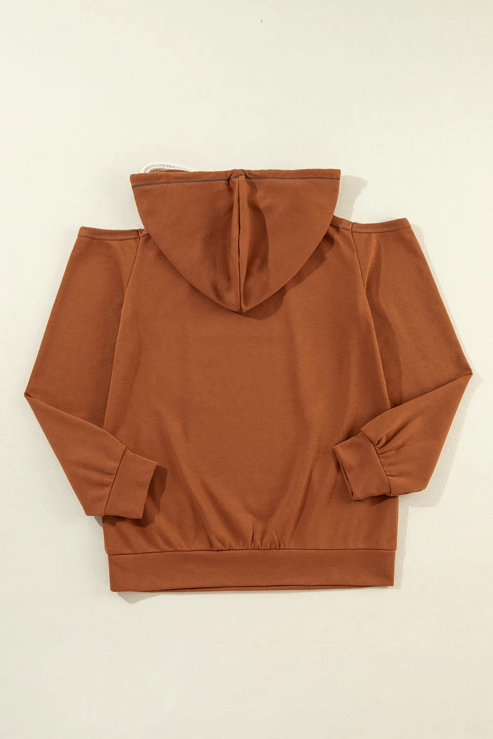 Cinnamon Exposed Seam Cold Shoulder Drawstring Hoodie - Chic Meadow Boutique 