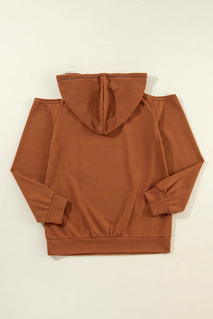 Cinnamon Exposed Seam Cold Shoulder Drawstring Hoodie - Chic Meadow Boutique 