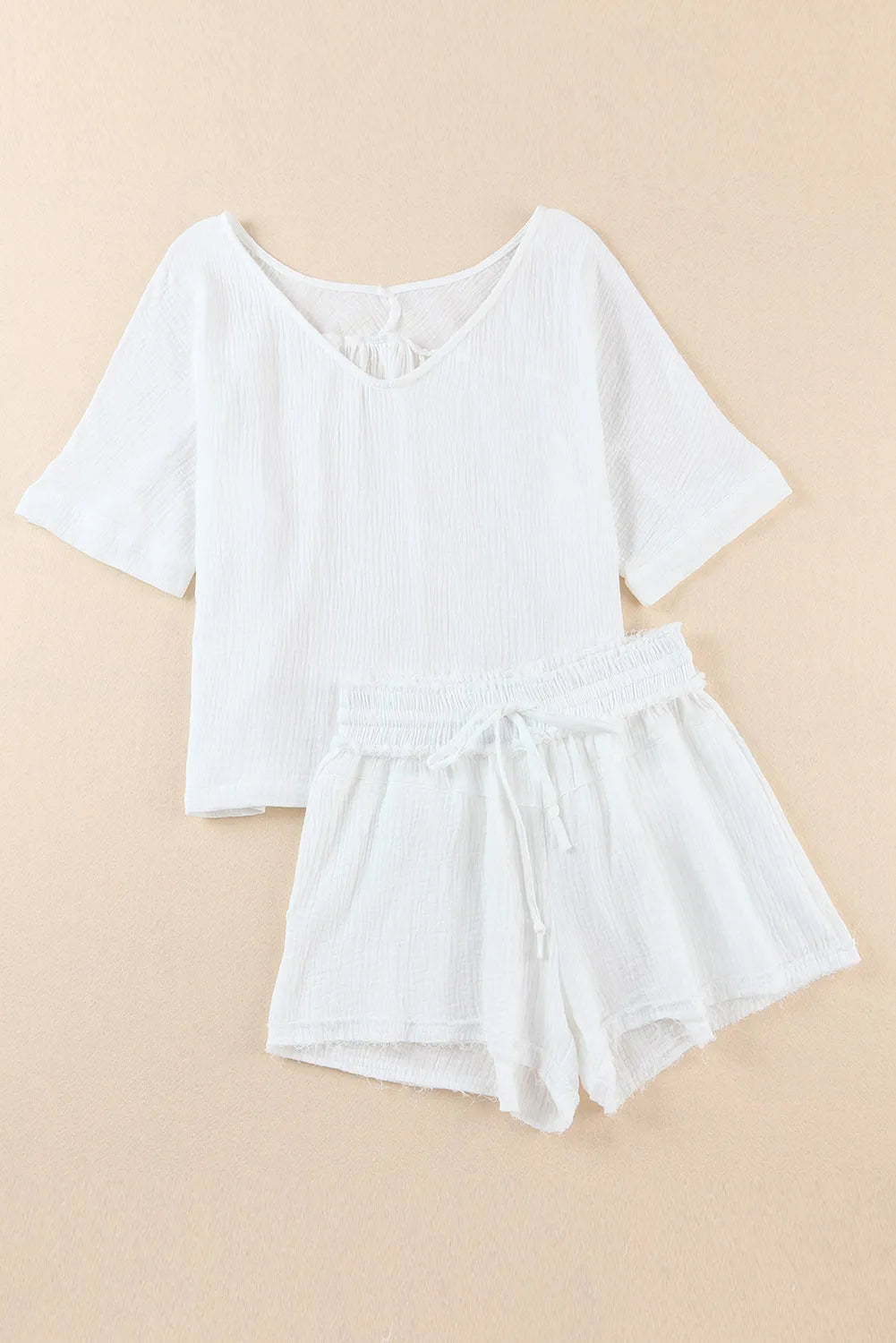 White Relaxed V Neck Blouse and Drawstring Raw Hem Shorts Set - Chic Meadow Boutique 