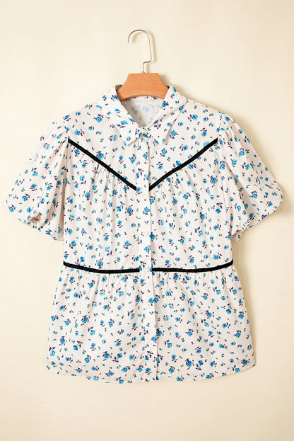 White Contrast Trim Floral Puff Short Sleeve Shirt