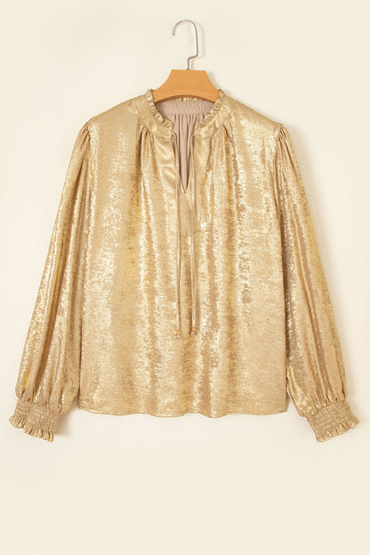 Gold Metallic Sheen V Neck Gathered Cuff Long Sleeve Blouse