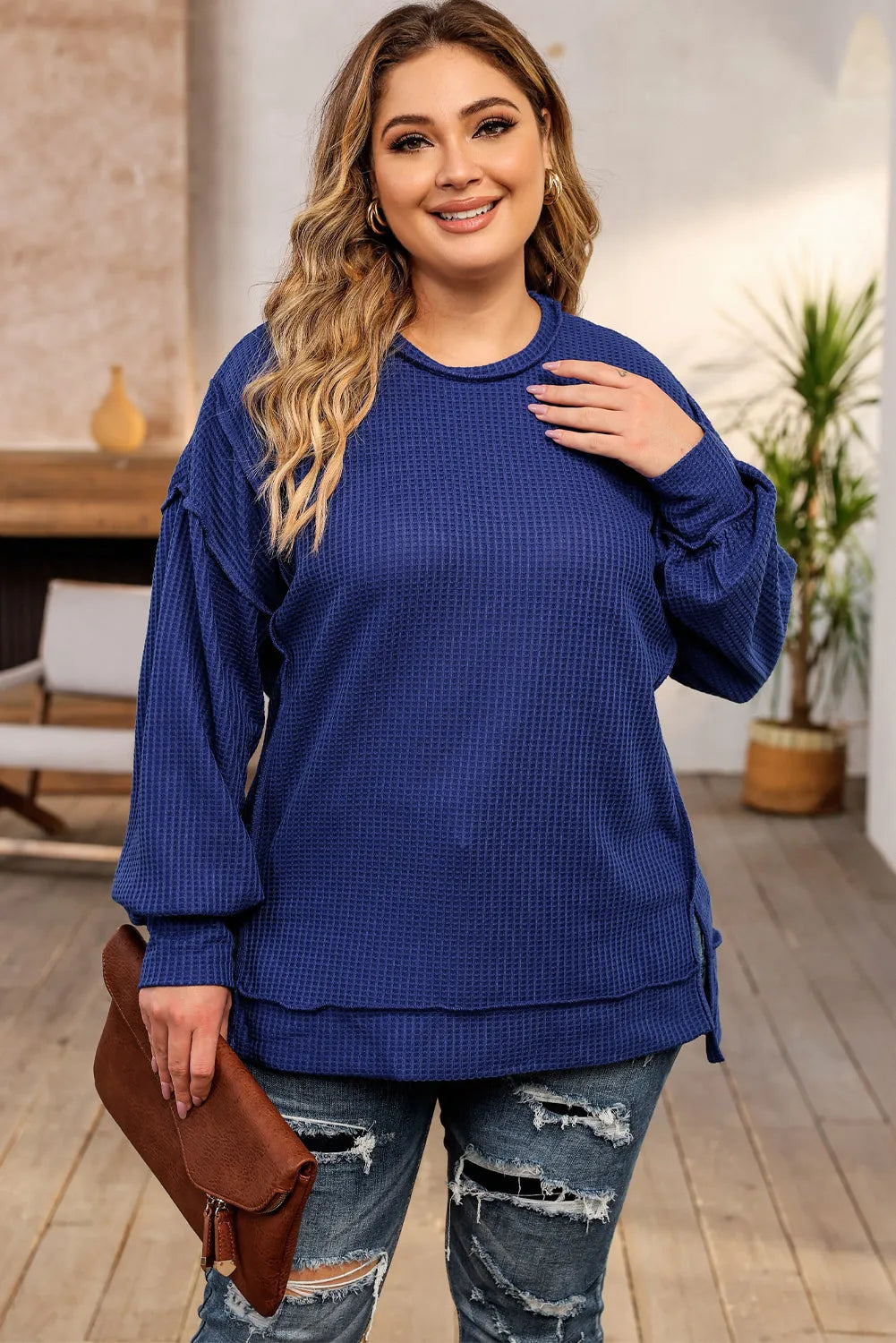 Blue Plus Size Waffle Knit Oversized Exposed Seam Top - Chic Meadow Boutique 