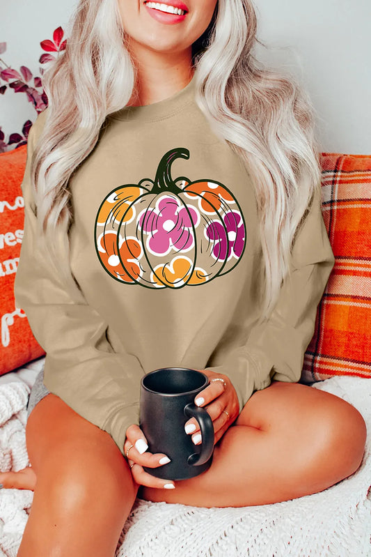 Khaki Halloween Floral Pumpkin Graphic Drop Shoulder Sweatshirt - Chic Meadow Boutique 