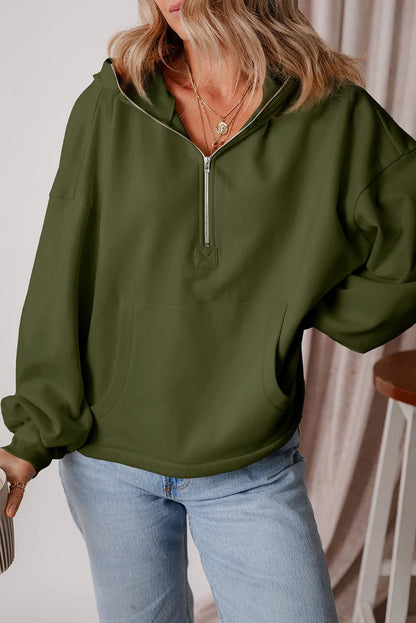 Moss Green Fleece Lined Half Zipper Kangaroo Pockets Loose Hoodie - Chic Meadow Boutique 