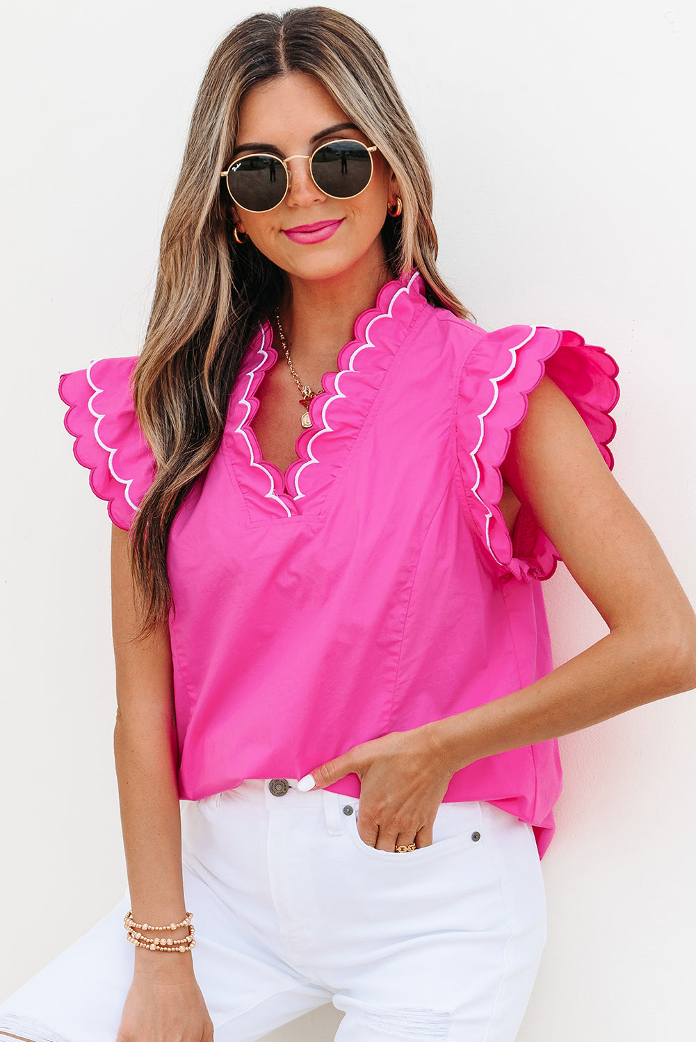 Bright Pink Contrast Scallop Trim Layered Short Sleeve V Neck Blouse
