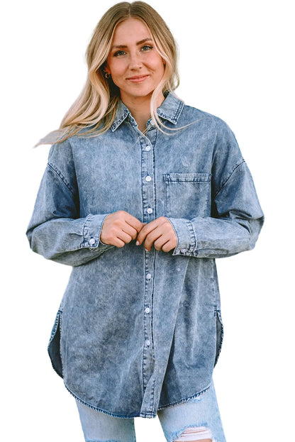 Sky Blue Vintage Washed Chest Pocket Denim Shirt - Chic Meadow Boutique 