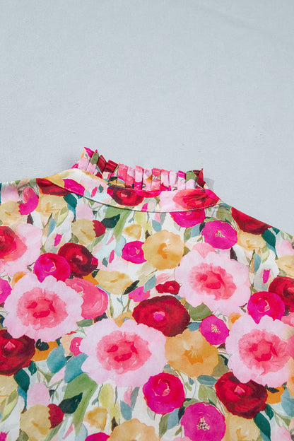 Pink Plus Size Flower Print Split V Neck Puff Short Sleeve Top