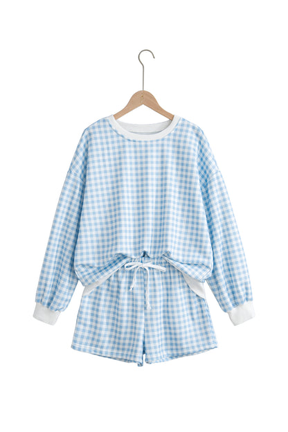 Sky Blue Plaid Baggy Pullover Drawstring Casual Shorts 2pcs Outfit