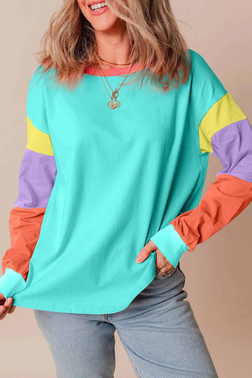 Light Blue Colorblock Patchwork Long Sleeve Loose Top - Chic Meadow Boutique 