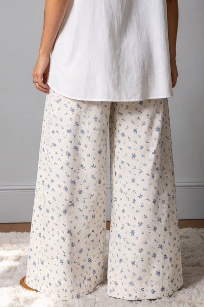 White Button Drawstring Pleated High Waist Floral Wide Leg Jeans