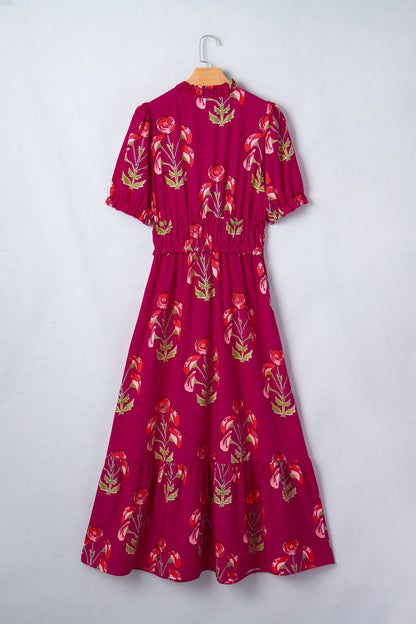 Red Floral Print Frilled V Neck Short Sleeve Ruffle Maxi Dress