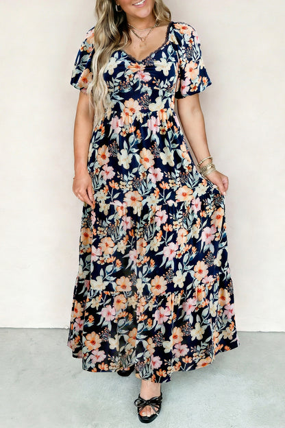 Blue Short Sleeve Smocked Detail High Waist Floral Maxi Dress