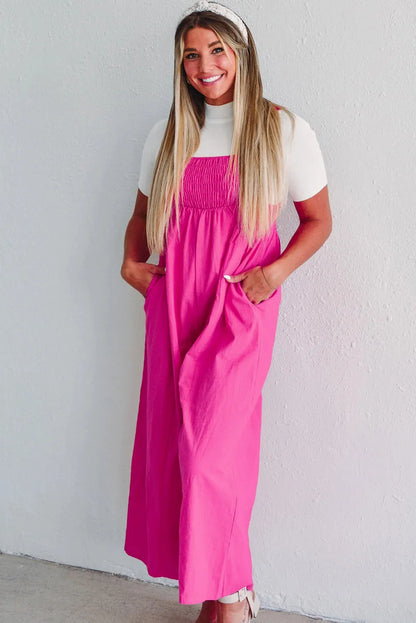 Strawberry Pink Wide Straps Smocked Detail Wide Leg Overalls - Chic Meadow Boutique 