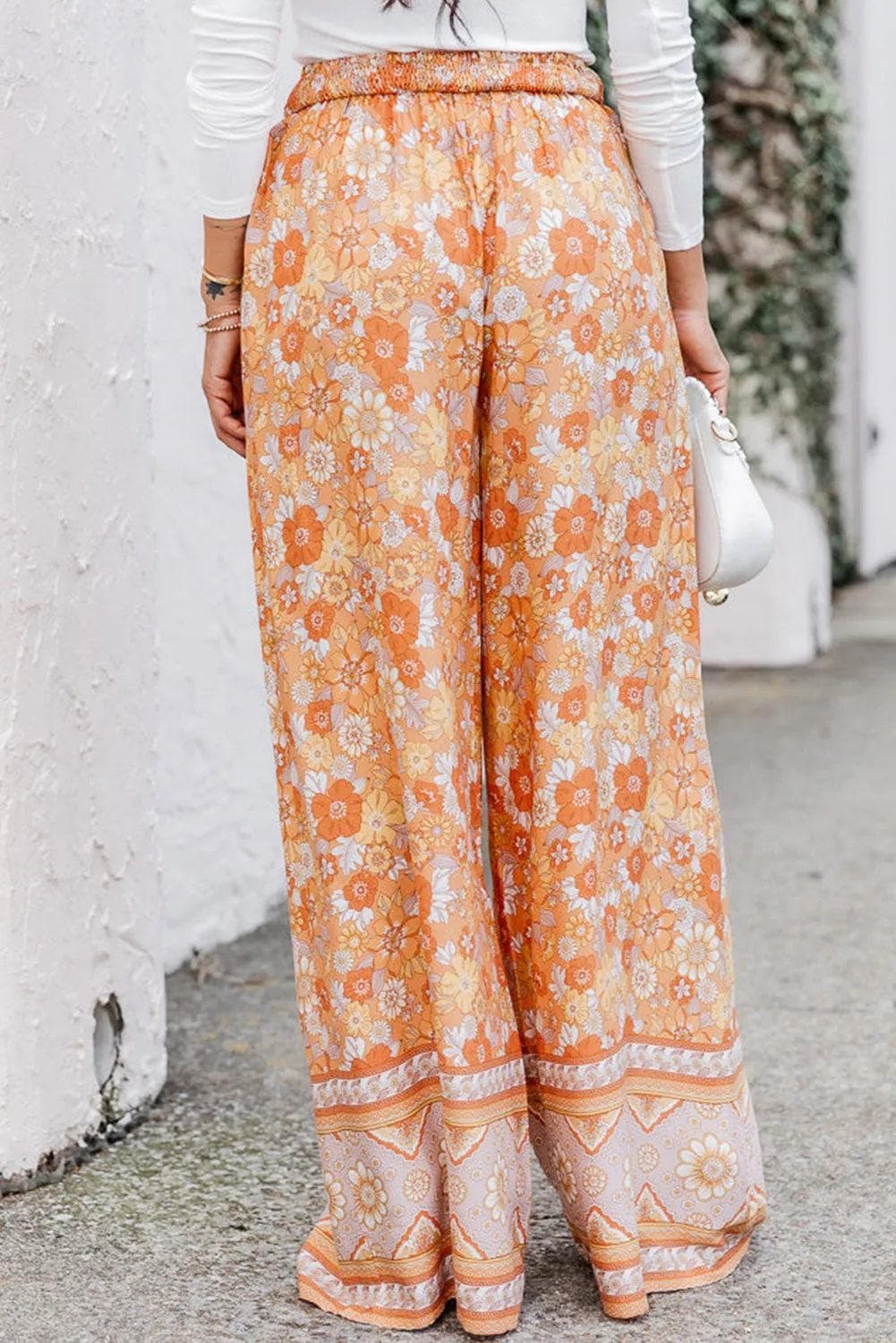 Bottoms/Pants & Culotte Grapefruit Orange Tie Waist Boho Floral Wide Leg Pants