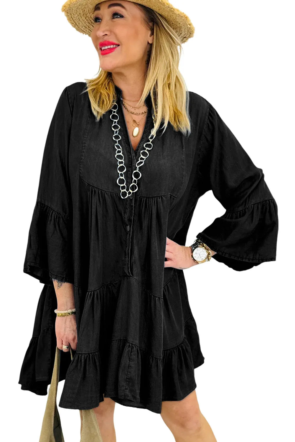 Black Chambray Ruffled 3/4 Sleeve Tiered Split V Neck Mini Dress - Chic Meadow Boutique 