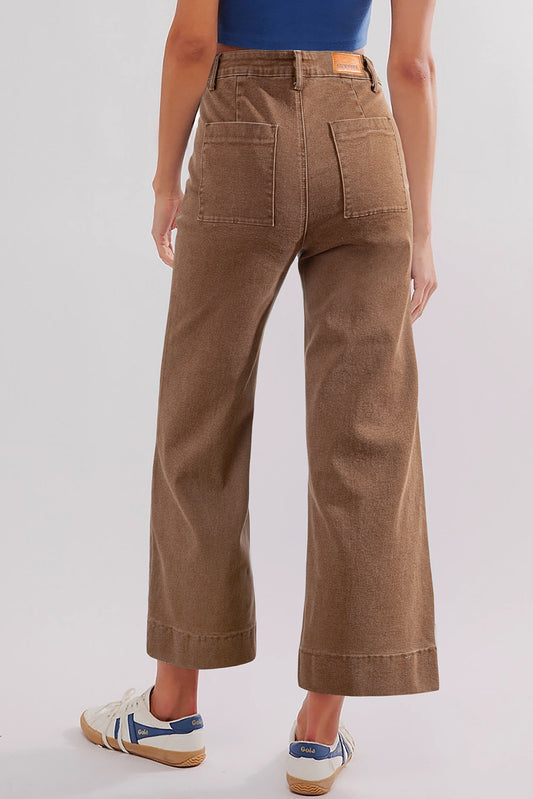 Brown Flap Pockets Front Straight Cropped Jeans