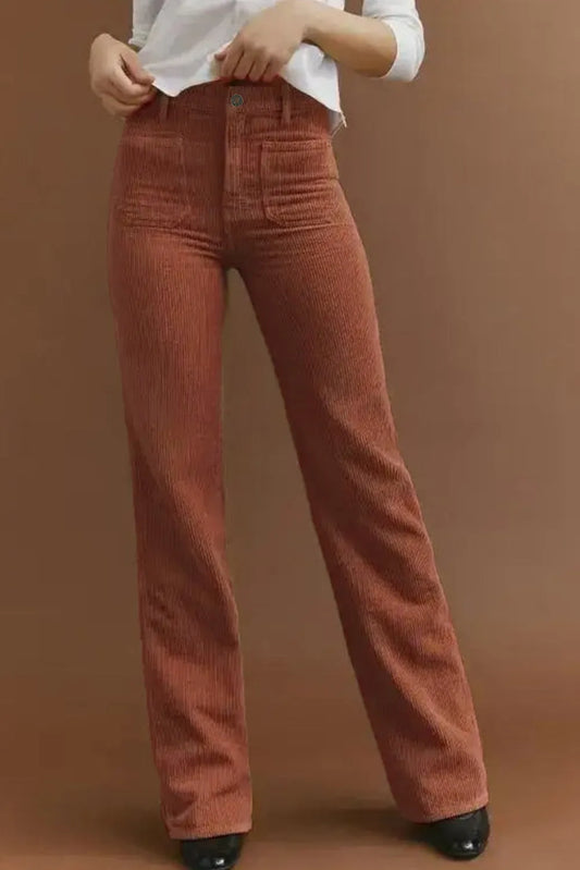 Brown High Waist Square Pockets Corduroy Pants - Chic Meadow Boutique 