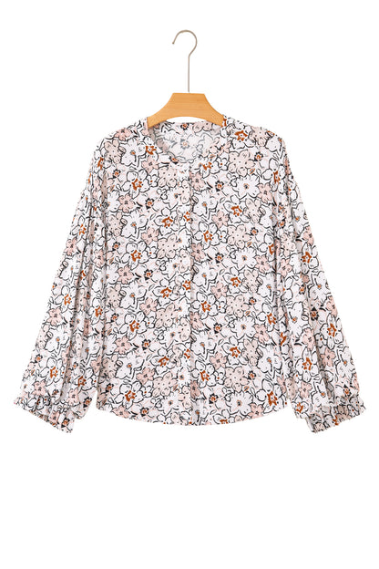 Khaki Bold Floral Print Frilled Puff Sleeve Button Down Shirt
