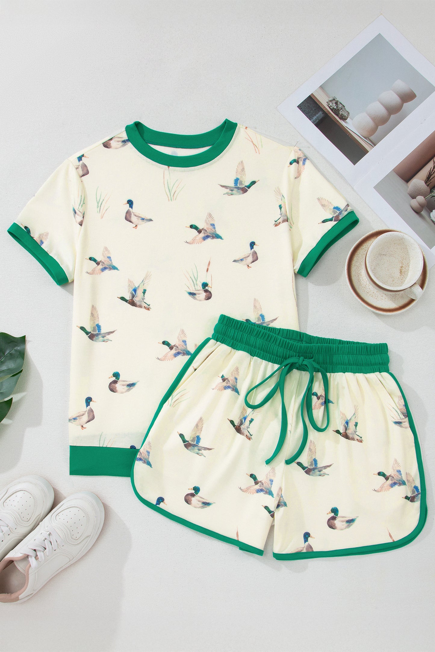Beige Mallard Printed Colorblock Trim Short Set