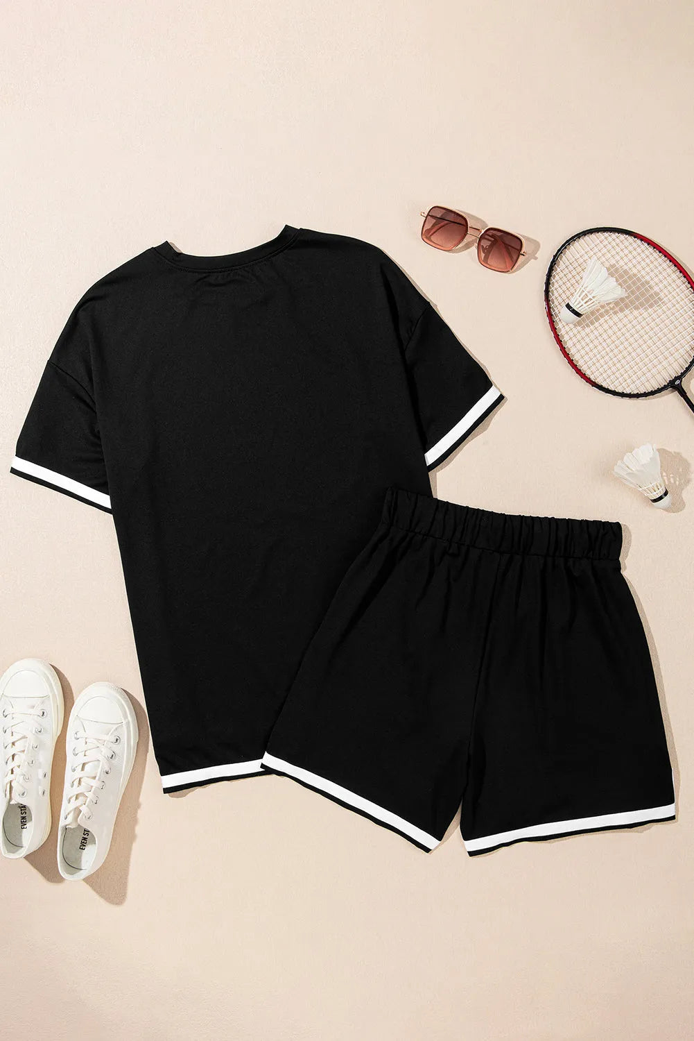 Black Contrast Trim Tee and Shorts Set - Chic Meadow Boutique 