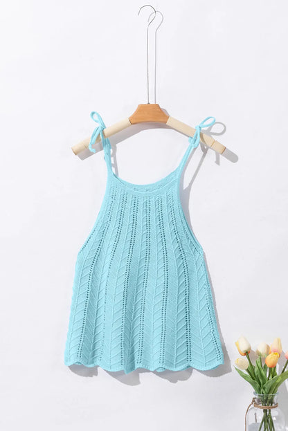 Beau Blue Tied Shoulder Pointelle Knit Tank Top - Chic Meadow Boutique 