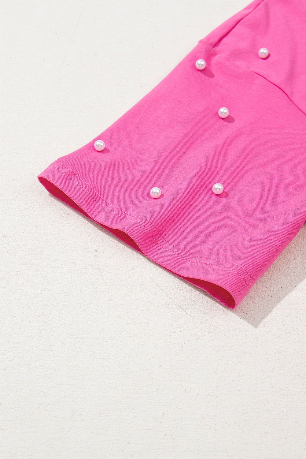 Bright Pink Pearl Beaded Drop Shoulder Crewneck T Shirt