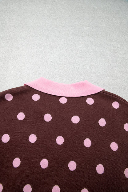 Pink Polka Dot Pattern Color Block Collared Loose Pullover Sweater