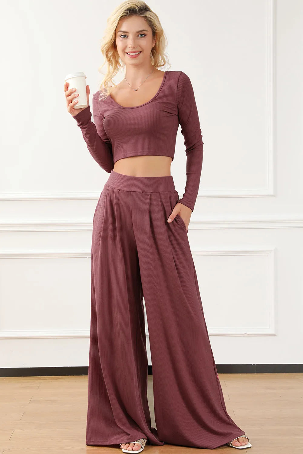 Solid Color Ribbed Crop Top Long Pants Set - Chic Meadow Boutique 