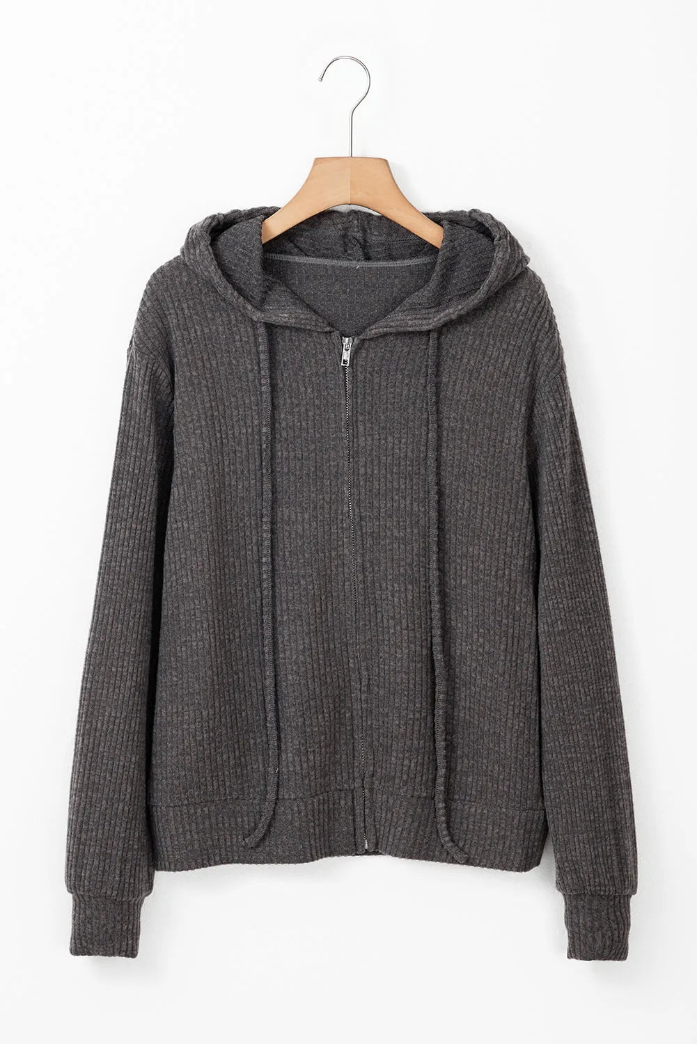 Dark Grey Ribbed Zip Up Front Drawstring Hoodie - Chic Meadow Boutique 