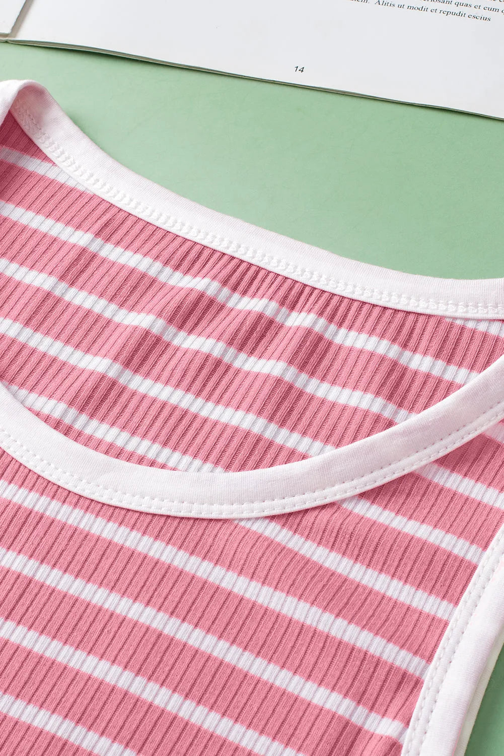 Pink Stripe Contrast Round Neck Sleeveless Slim Top - Chic Meadow Boutique 