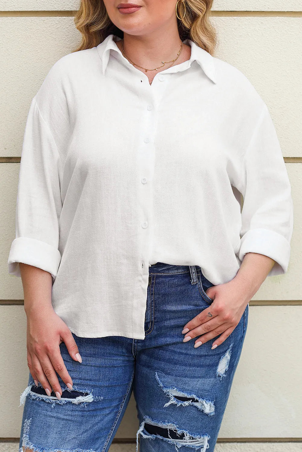 White Plus Size Linen Textured Button Up Shirt - Chic Meadow Boutique 