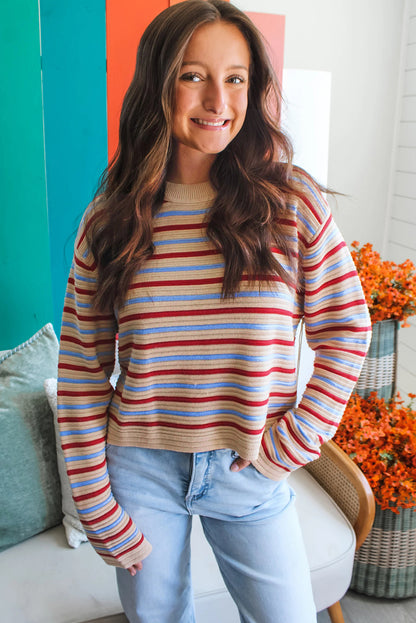 Khaki Stripe Drop Shoulder Cropped Long Sleeve Fall Sweater