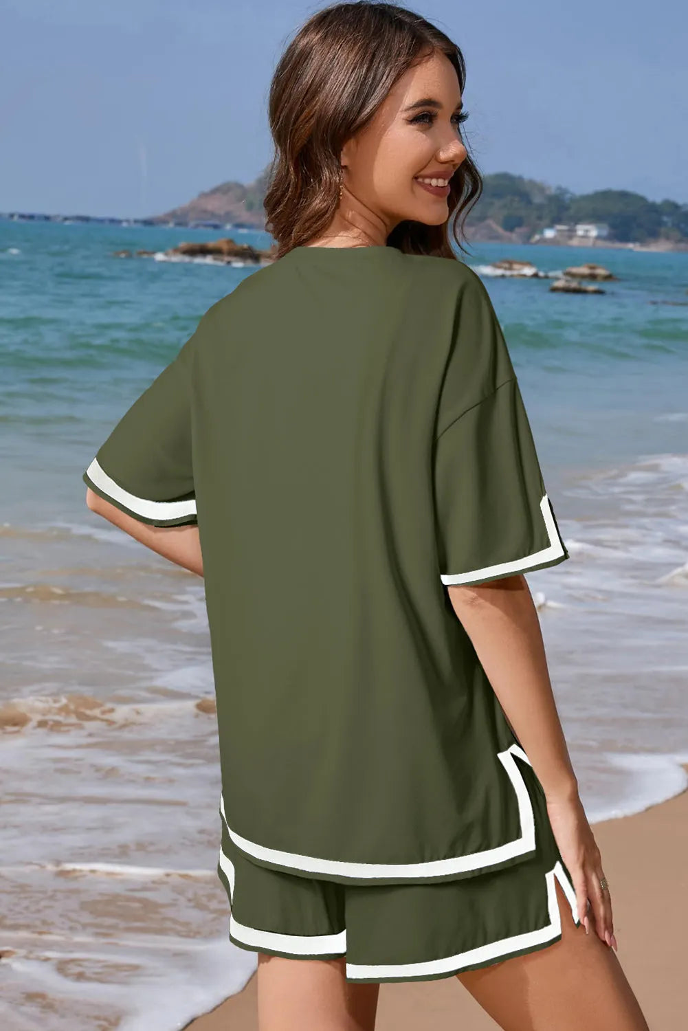 Vineyard Green Contrast Trim Tee and Shorts Set - Chic Meadow Boutique 