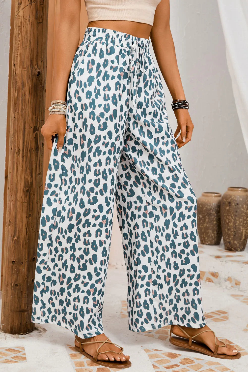 White Leopard Print Pocketed Wide Leg Pants - Chic Meadow Boutique 