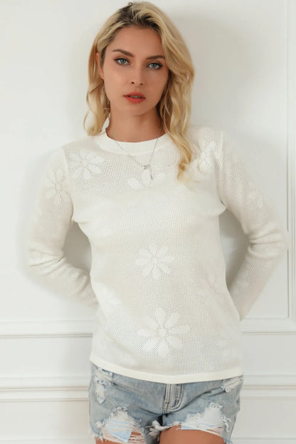 White Flower Knit Long Sleeve Sweater - Chic Meadow Boutique 