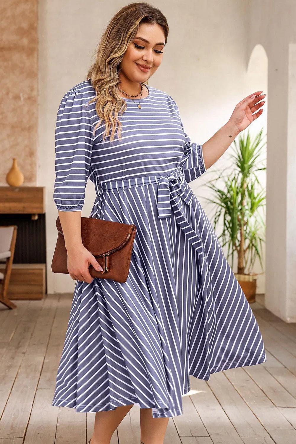 Plus Size/Plus Size Dresses/Plus Size Midi Dresses Gray Striped Tie Waist 3/4 Sleeve Plus Size Dress