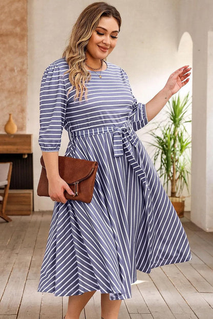 Plus Size/Plus Size Dresses/Plus Size Midi Dresses Gray Striped Tie Waist 3/4 Sleeve Plus Size Dress