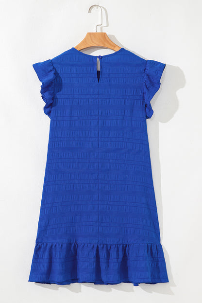 Dark Blue Textured Flutter Sleeve Ruffled Mini Dress