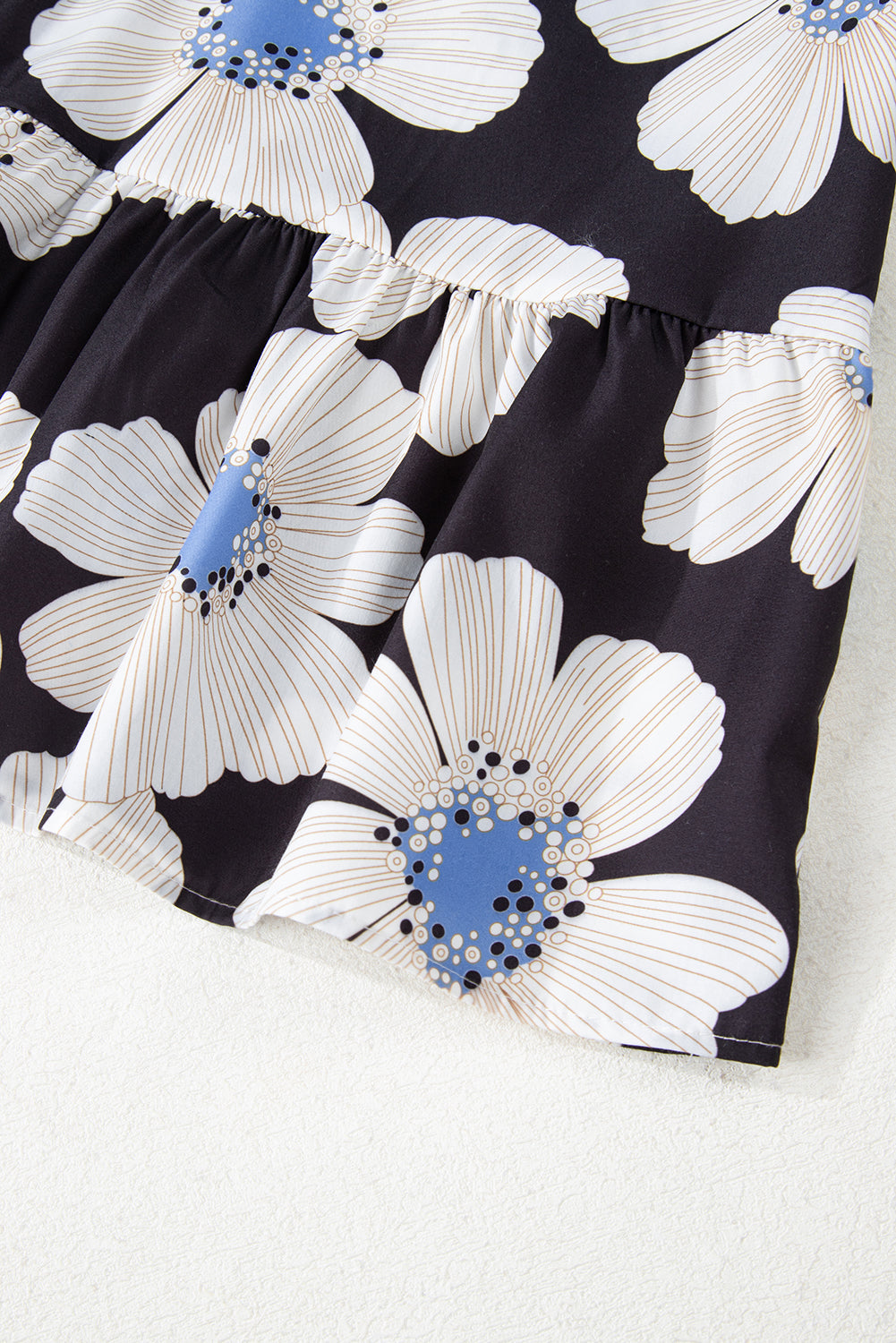 Black Floral Print Striped Tie Sleeve Collared V Neck Blouse