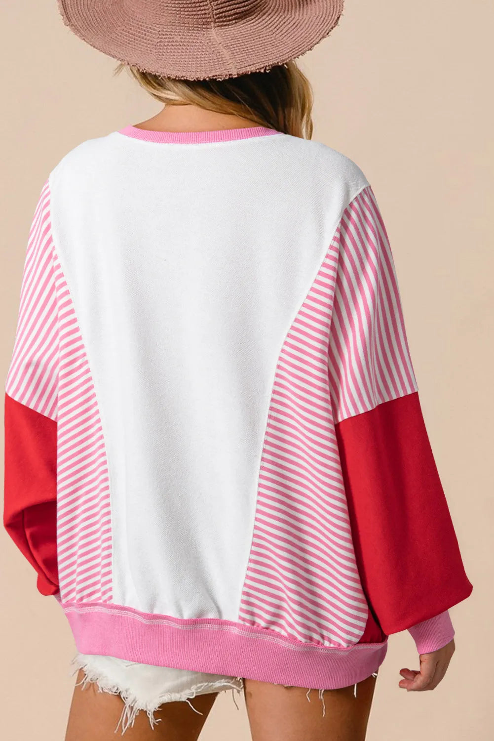 Rose Red Striped Patchwork Batwing Sleeve Pocketed Sweatshirt - Chic Meadow Boutique 