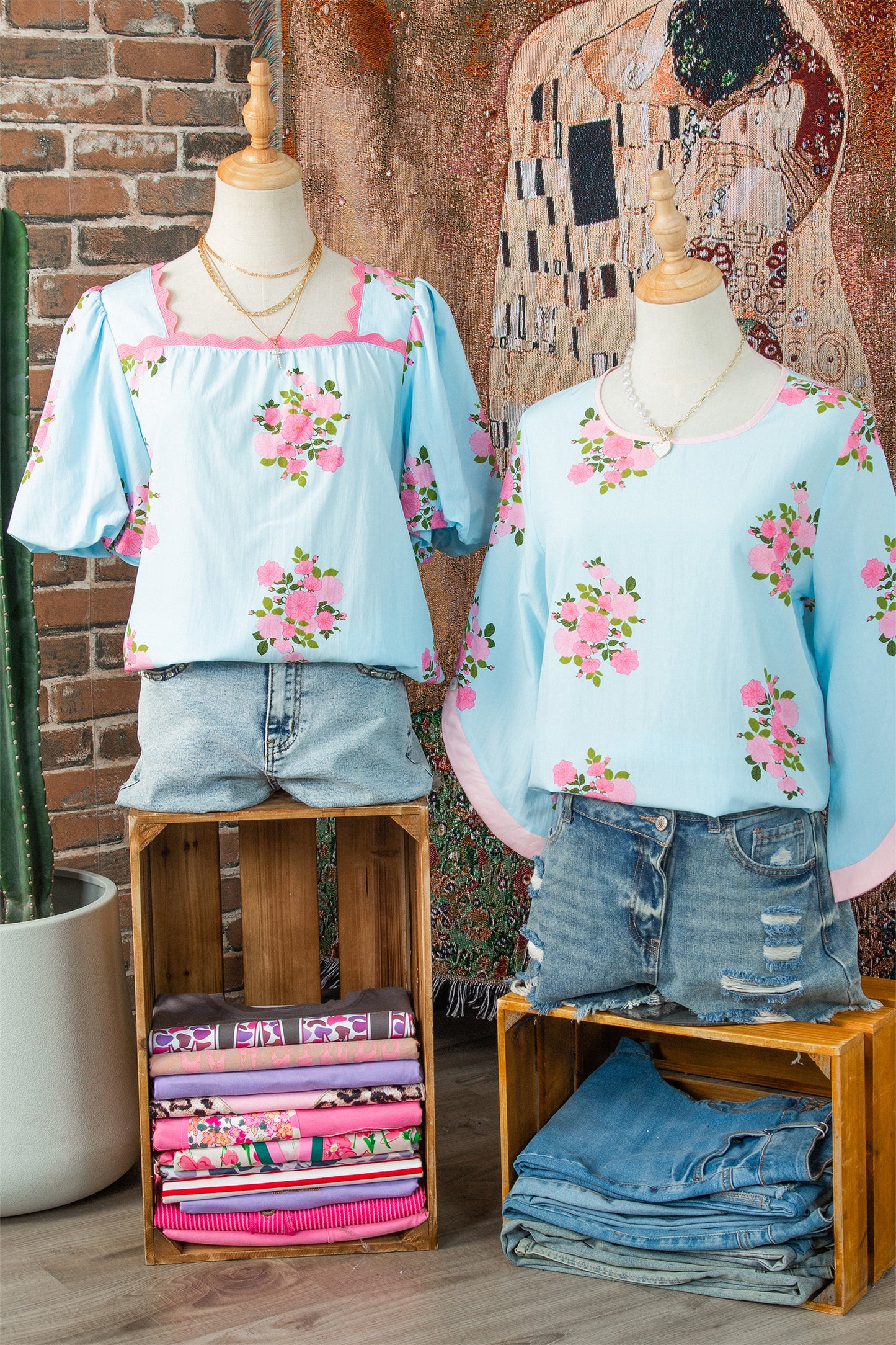 Sky Blue Floral Printed Contrast Ricrac Detail Bubble Sleeve Blouse
