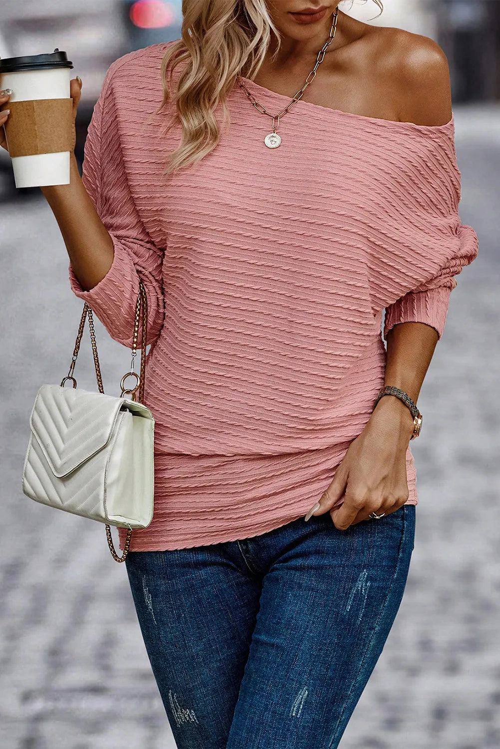 Dusty Pink Textured Knit Long Sleeve Top - Chic Meadow Boutique 