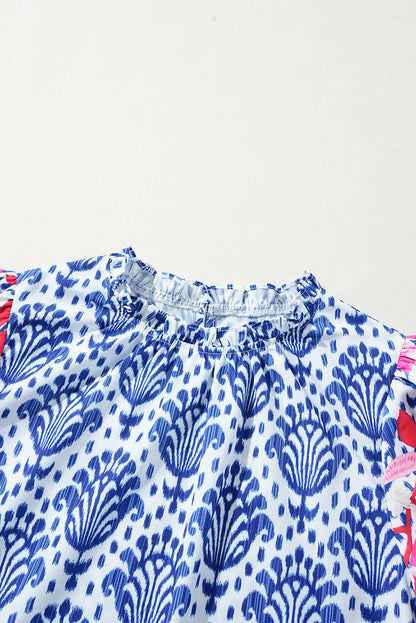 Blue Western Fashion Print Floral Puff Sleeve Frilled Neck Blouse