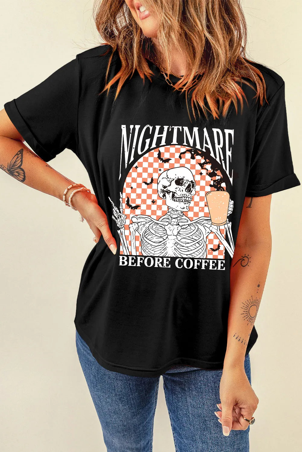 Black Nightmare Before Coffee Skull Checkerboard Graphic Halloween Tee - Chic Meadow Boutique 